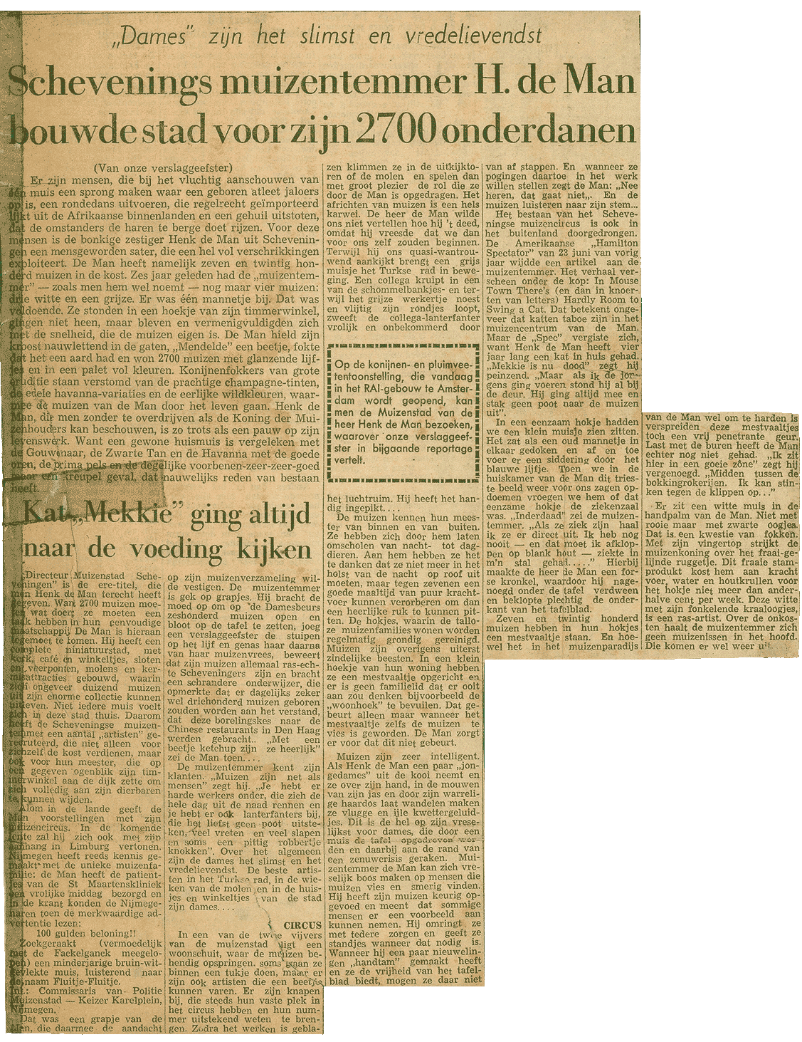 Kranten artikel Schevenings muizentemmer H. de Man bouwde stad voor zijn 2700 onderdanen